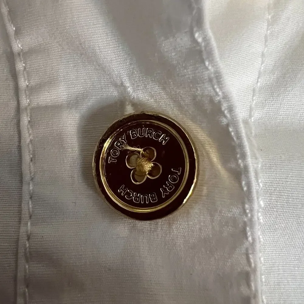 Tory Burch Women’s Size 8 White Button Down Shirt Gold Logo Buttons Blouse